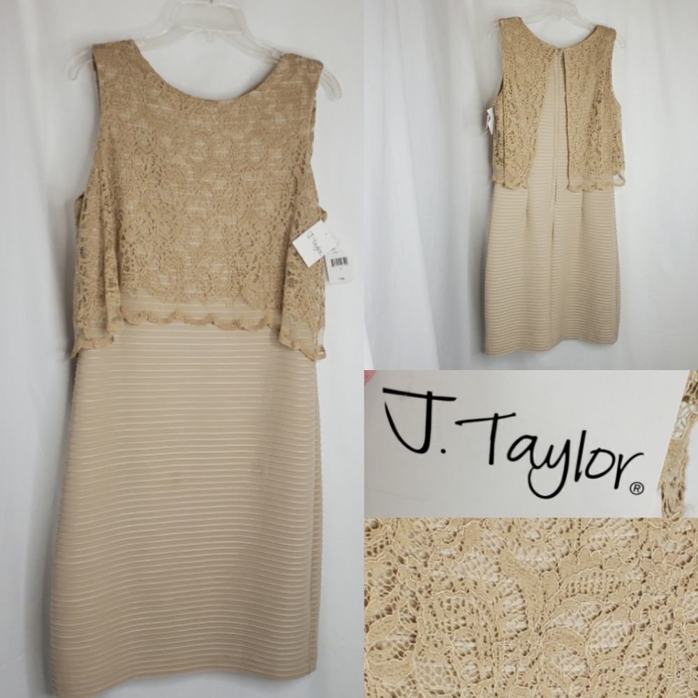 New 12 J Taylor Nude Lace Overlay Sheath Neutral Tan Zip Sleeveless Dress Nwt